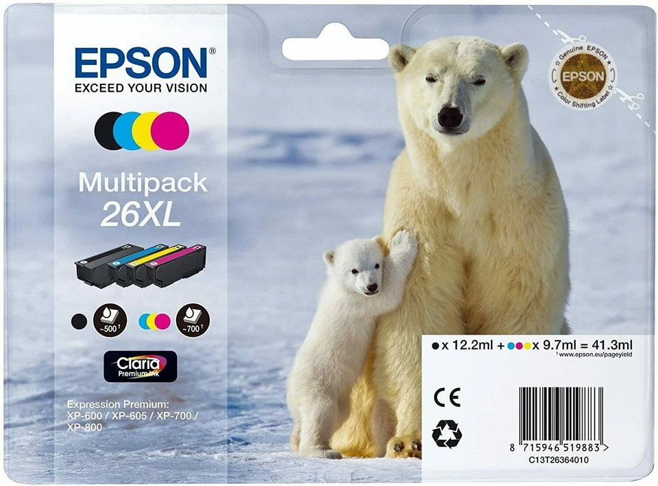 Epson Multipack 26 ou 26xl Ours Polaire, Cartouches d'encre d'origine au choix - Photo 1/1