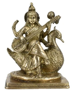 Whitewhale Brass Goddess Saraswati Sitting On Swan Statue Idol Home Decor - Picture 1 of 7