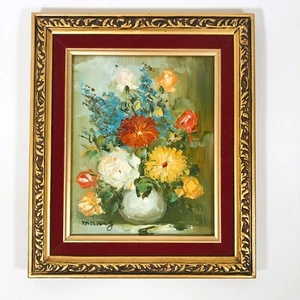 Vintage Oil Painting Floral Still Life on Wood Gold Frame Flowers in Vase - Picture 1 of 5