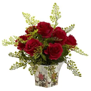 Nearly Natural Rose & Maiden Hair Floral Planter - Picture 1 of 4