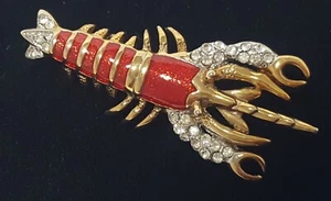 Crayfish Brooch Red Enamel Rhinestones GP Pin Crawfish Crawdad Crustacean 1.75"L - Picture 1 of 15