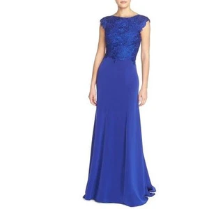 NUEVO SIN ETIQUETAS Vestido Elástico Monique Lhuillier Azul Real Gorra Manga Encaje Acento Talla 4 - Imagen 1 de 2