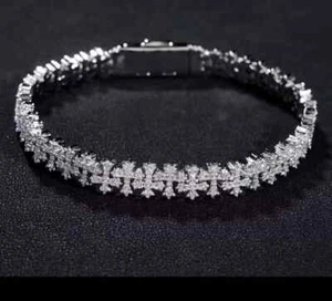Men's Cross Link Bracelet 8" 12 Ct Round Real Moissanite 14k White Gold Plated - Picture 1 of 8