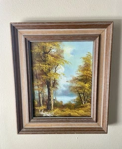 Pintura al óleo de colección marco de madera paisaje otoño árboles lago 13,5X11,5 Cottagecore - Imagen 1 de 18