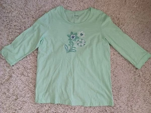 Blair Women’s Embroidered Floral Top L Green 100% Cotton 3/4 Sleeve Scoop Neck - Picture 1 of 6