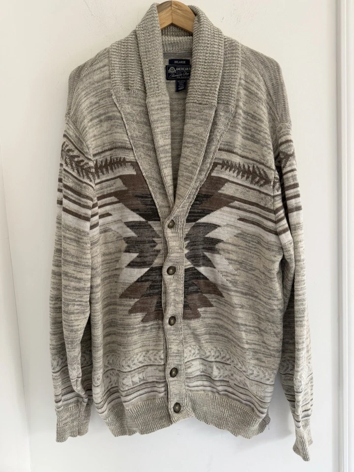 Cárdigan American Rag Chal Cuello Azteca Suroeste Tejido Algodón Gris Marrón 3XL 3X Foto 1 de 4