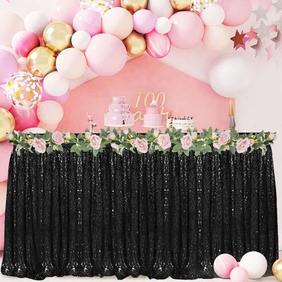 Faldas de mesa de lentejuelas para mesas rectangulares 9 pies negro zócalo de mesa brillo cuadrado... Foto 1 de 4