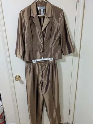 Talla 12 (30x30) Jessica Howard 2 Piezas Pantalones Traje Bordado Metálico Verdoso Dorado Foto 1 de 4