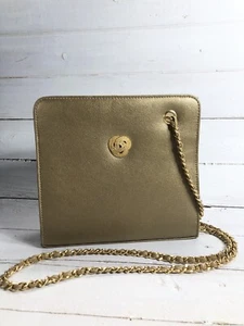 Vintage Gold Leather Crossbody Kiss lock Coin Change Purse Chain Shoulder Bag - Picture 1 of 10