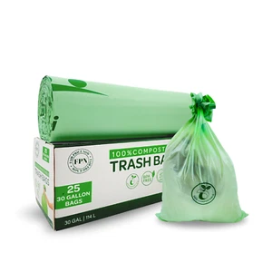 Compostable Trash Bags 30 Gallon 100% Biodegredable Garbage Bag - 25 CT By FPN - Picture 1 of 22