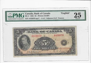 1935 Osborne/Towers $5 English Note ;PMG VF-25 SN# A434870 - Picture 1 of 2