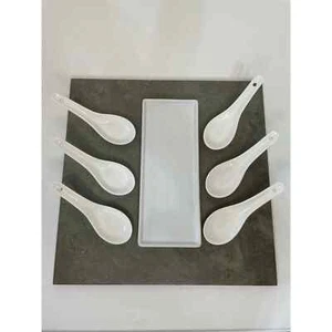 Bandeja blanca brillante y seis cucharas de sopa de cerámica con orificio - NUEVAS sin etiquetas/caja - Imagen 1 de 5