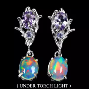 Estate 925 Orecchini Argento Ovale Opale di Fuoco 9x7mm Tanzanite Gemma Gioielli - Foto 1 di 10