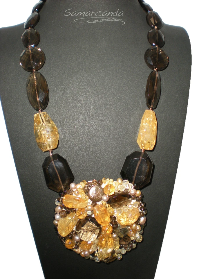 Collana Quarzo Fumè Citrino e Perle con moschettone in argento 925 rodiato - Immagine 1 di 1
