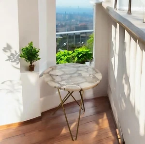 18" White Agate Round Coffee Tabletop Handmade Agate Balcony Breakfast Table Dec - Picture 1 of 5