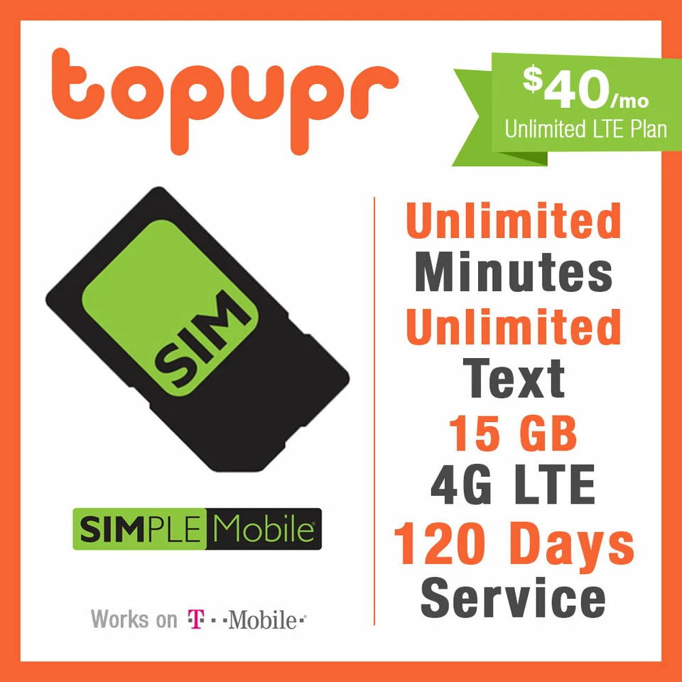 4 MONTH SIMPLE MOBILE SIM Card $40 PLAN 120 Days 15GB 4G LTE + ILD Calling - Image 1 of 1