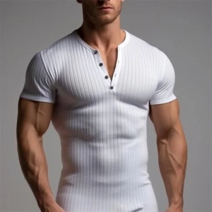 Muscle Men's Ribbed Henley Shirt Slim Fitted Cotton Short Casual T-Shirt - Picture 1 of 13