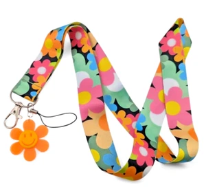 FLOWER POWER LANYARD retro hippie 60s 70s daisy charm neck strap key ring Y2 - Picture 1 of 5