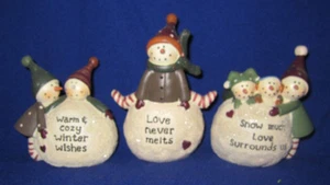 VINTAGE SET OF 3 MINI CHRISTMAS SNOWMEN WITH SEASONAL SAYINGS - USED - Picture 1 of 5