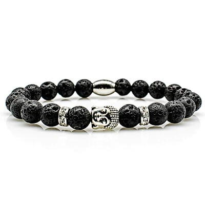 Lava Armband Bracelet Perlenarmband Buddhakopf S Silber schwarz 8mm Edelstahl - Bild 1 von 2