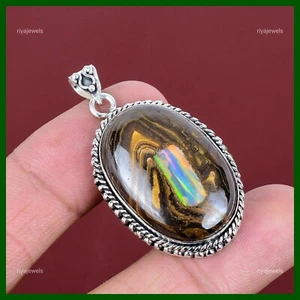 Oval Natural Ethopian Opal In Boulder Opal Ethnic Wife Bezel Pendant 925 Silver - Picture 1 of 6