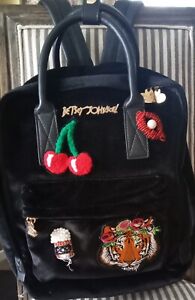 Betsey Johnson Backpack Black Velvet New York Patch  & Sequins Bag. 