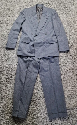 Magee Suit Mens Medium Grey 2 Piece Herrinbone Double Breasted Jacket Trousers - Image 1 of 4