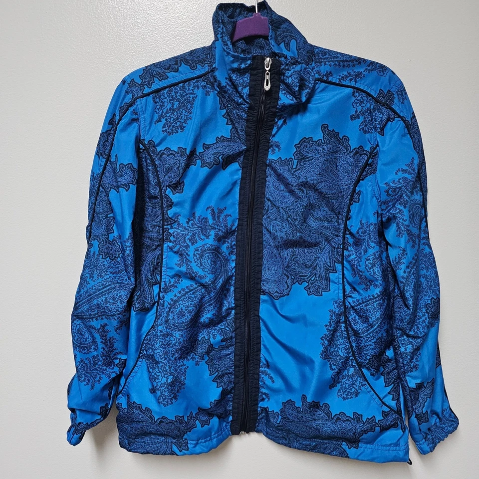 Jaqueta de atletismo feminina Three Hearts corta-vento azul paisley zíper completo tamanho médio - Imagem 1 de 4