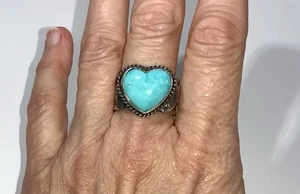 Navajo Sterling Silver Kingman Turquoise Heart Ring by Sunshine Reeves Size 8.5 - Picture 1 of 10