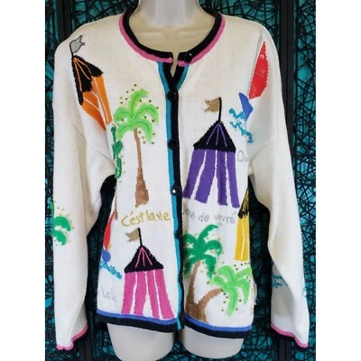 VTG DESIGN OPTIONS GORDON WOMENS CARDIGAN SWEATER XL FRANCE SUMMER BEACH - Image 1 of 4