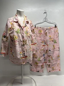 Nick & Nora Retro Cowgirl Western Print Pajama Shirt Top Capris Set Pink Medium - Picture 1 of 8