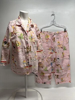 Nick & Nora Retro Vaquera Estampado Occidental Pijama Camisa Top Capris Conjunto Rosa Mediano Foto 1 de 4