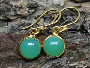 Green Chrysoprase Earrings 18k Gold Plated Dangle Drop Gemstone Jewelry Joy#199 - Picture 1 of 8