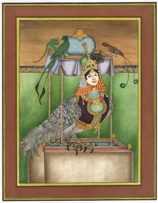 Persian Miniature Painting Of Birds With Woman Face On Paper 10.5x13.5 Inches - Image 1 of 4