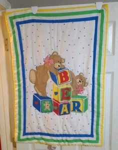 Vintage 1993 Little Bedding Teddy Bear Blocks Nursery Crib Blanket - Picture 1 of 5