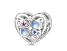 Sparkling Moonstone Butterfly Heart S925 Sterling Silver Bead Charm for Women