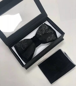 Mens MANZINI TUXEDO BOWTIE NECKTIE With Pocket SQUARE BLACK SILVER BOW TIE NEW - Picture 1 of 4