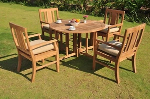 Osborne A-Grade Teak Wood 5pc Dining 48" Round Butterfly Table 4 Arm Chair Set - Picture 1 of 6