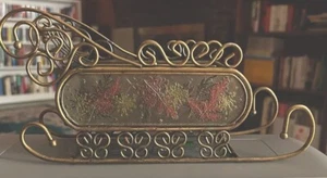 Gold StainedGlass Metal Sleigh Candleholder Tealight Centerpiece Holiday Winter - Picture 1 of 12