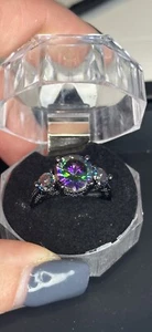 Three colorful stone setting in all black engagement ring or promise Ring - Picture 1 of 6