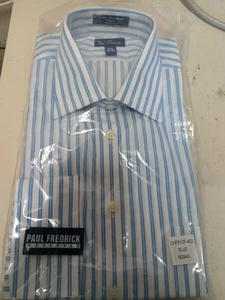 Paul frederick White And Blue Stripe Custom Fit Cufflink Dress Shirt Size 16x36 - Picture 1 of 4
