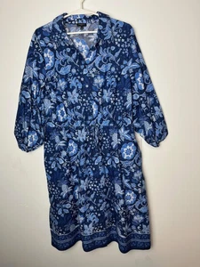Talbots Kleid Damen 14P blau Blumenmuster Baumwolle Shirtkleid Knopfleiste Kordelzug - Bild 1 von 9