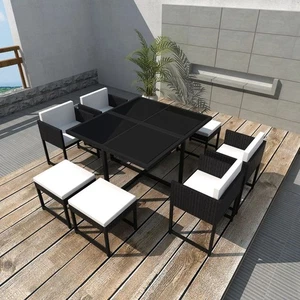 Outdoor Dining Set 9pc Black PE Rattan Powder-Coated Steel Glass 109x109x72cm UK - Picture 1 of 10