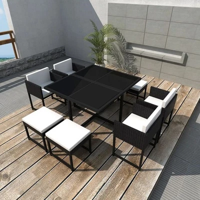 Outdoor Dining Set 9pc Black PE Rattan Powder-Coated Steel Glass 109x109x72cm UK - Image 1 of 4