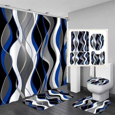Nkzply 4 Pcs Blue and Black Shower Curtain Set Grey and White Bathroom Sets with - Image 1 of 4
