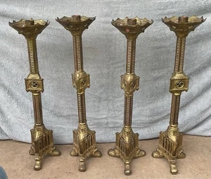 Set Of 4 Ornate Brass Gothic Altar Sticks Paschal Church 24” Antique Catholic - Picture 1 of 24