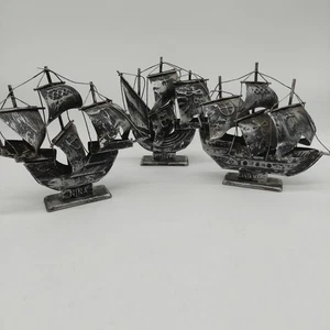 Nina, Pinta, Santa Maria Metal Ship Boats Gray Set Of 3 Christopher Columbus - Picture 1 of 9