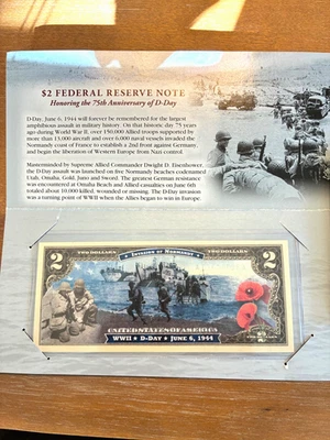 Gift Idea! Colorized $2 Federal Note depicting the D-Day Invasion of Normandy - Image 1 of 3