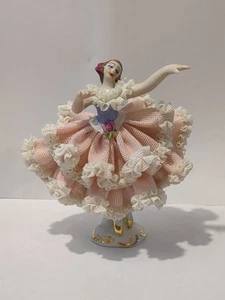Vintage German Dresden Porcelain Lace Ballerina Figurine Pink & White Dress 4" - Picture 1 of 7