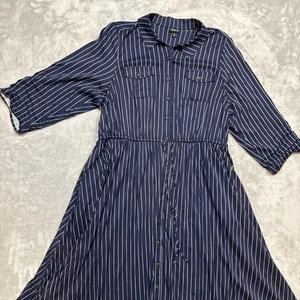 Torrid Women’s 2X Navy White Striped Button-Up Shirt Dress Tie Waist Roll Tab - Picture 1 of 11